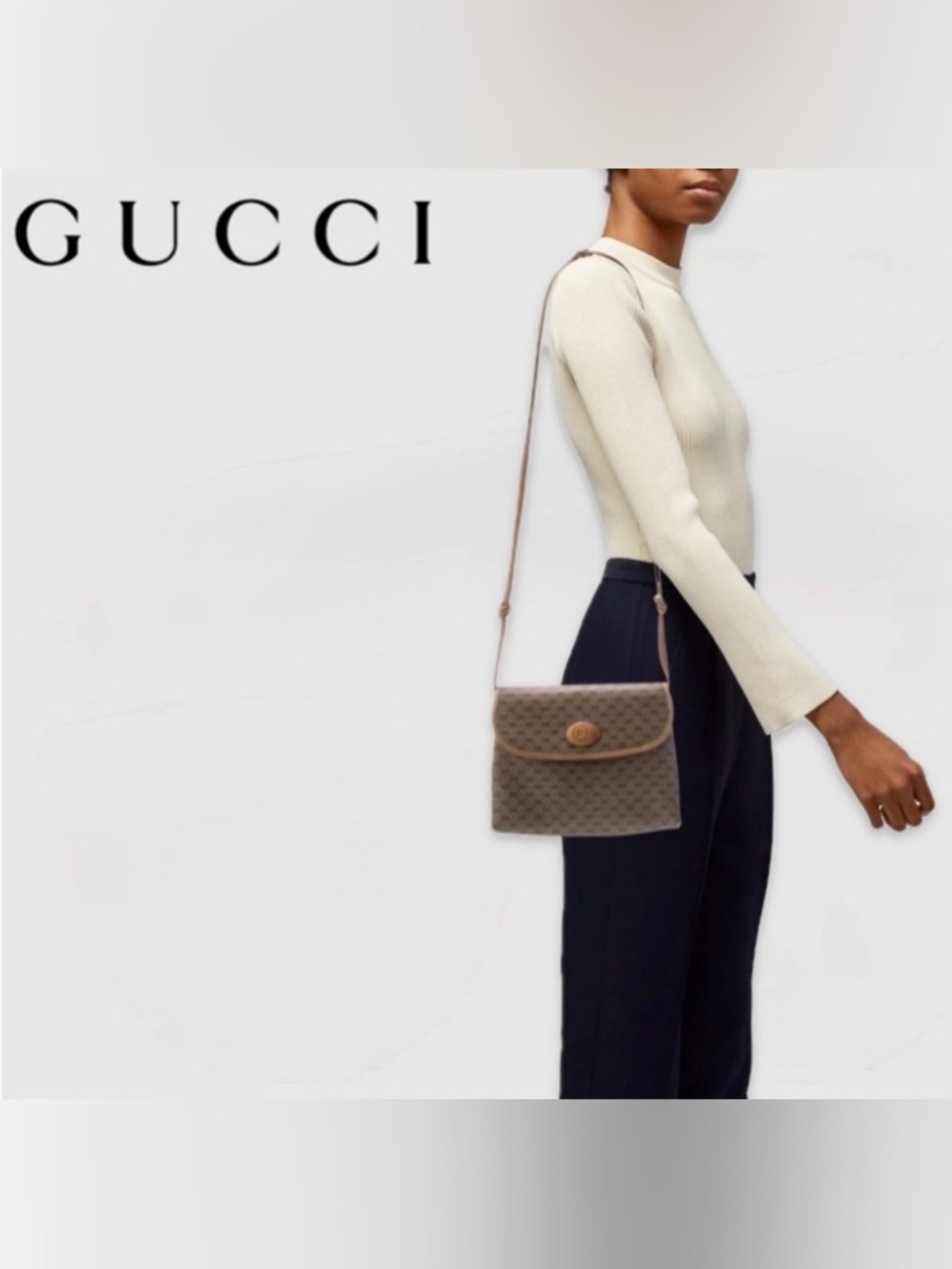 [Gucci] Vintage Interlocking GG Neutral Brown/Tan Long Knot Strap Handbag Purse